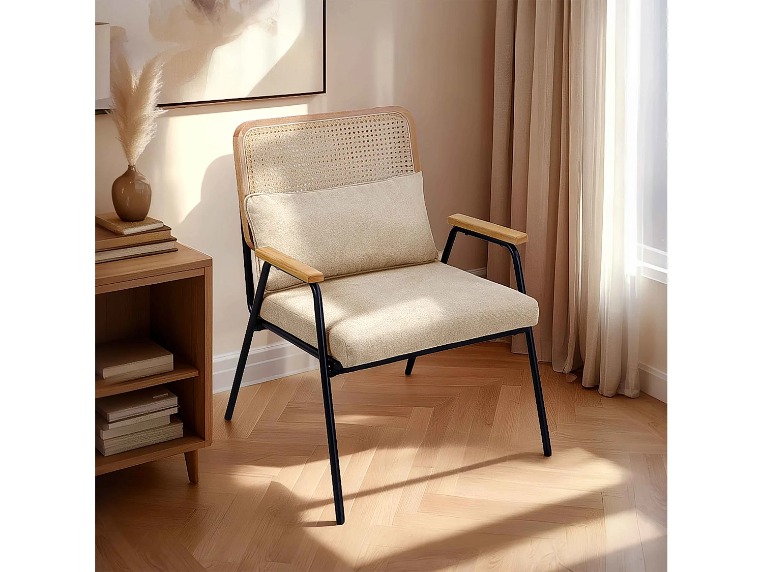 Fauteuil relax en acier, rotin synthétique et tissu écru