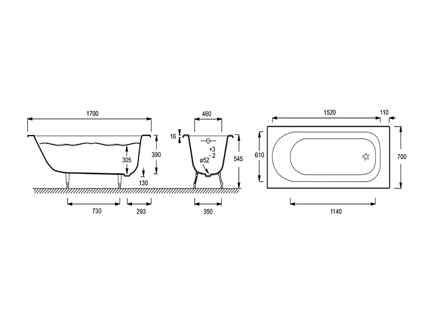 Baignoire en fonte 170 X 70 JACOB DELAFON Soissons avec fond antidérapant