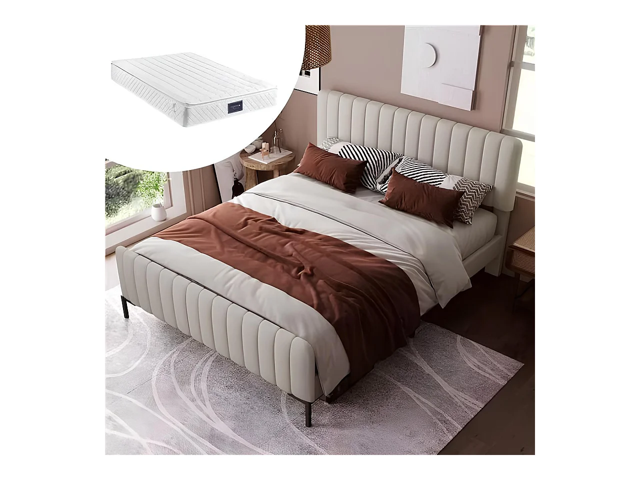 Lit avec tête de lit réglable - 160 x 200 cm - tissu en lin - sommier à lattes - beige + matelas