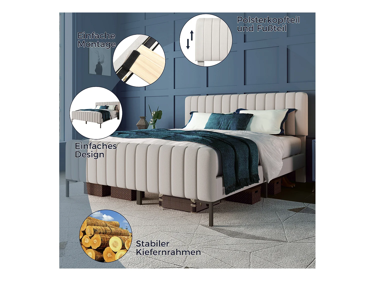 Lit avec tête de lit réglable - 160 x 200 cm - tissu en lin - sommier à lattes - beige + matelas