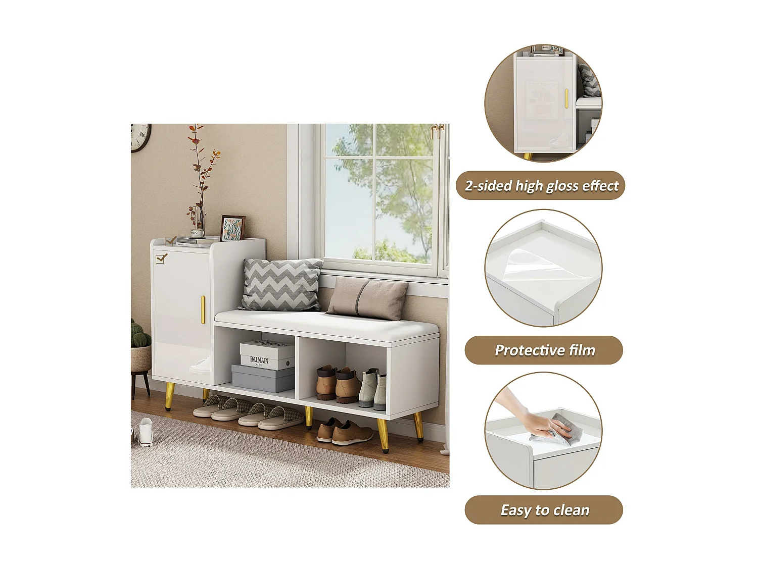 Sapateira - arrumação multinível e assento acolchoado - Branco