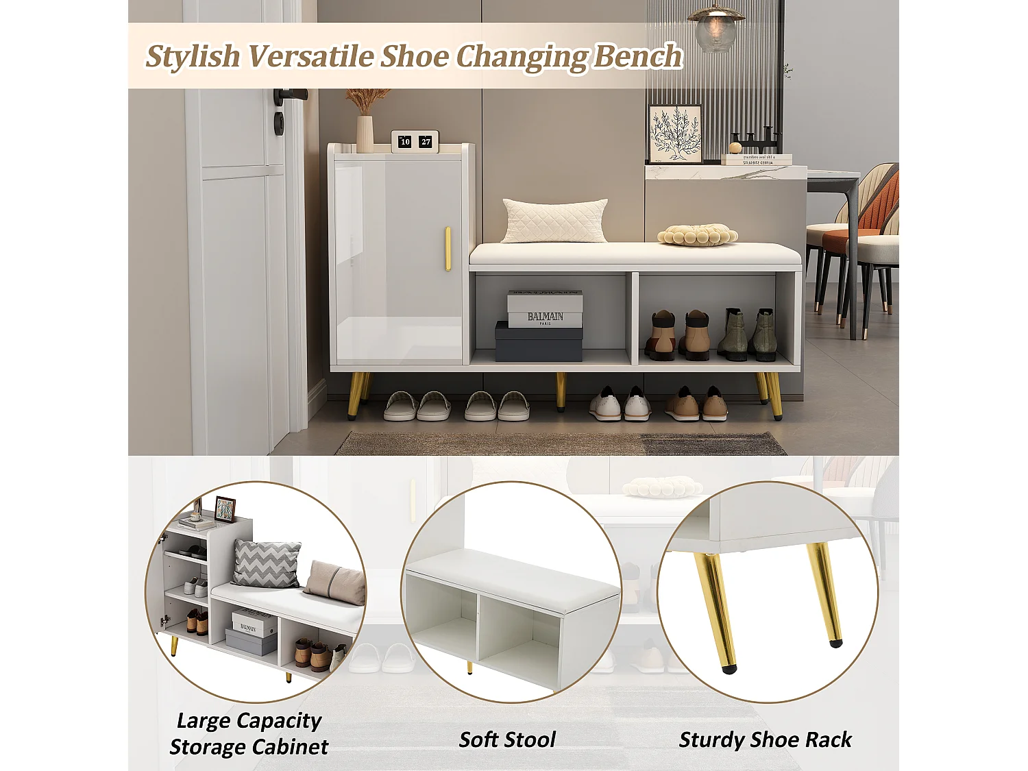 Sapateira - arrumação multinível e assento acolchoado - Branco