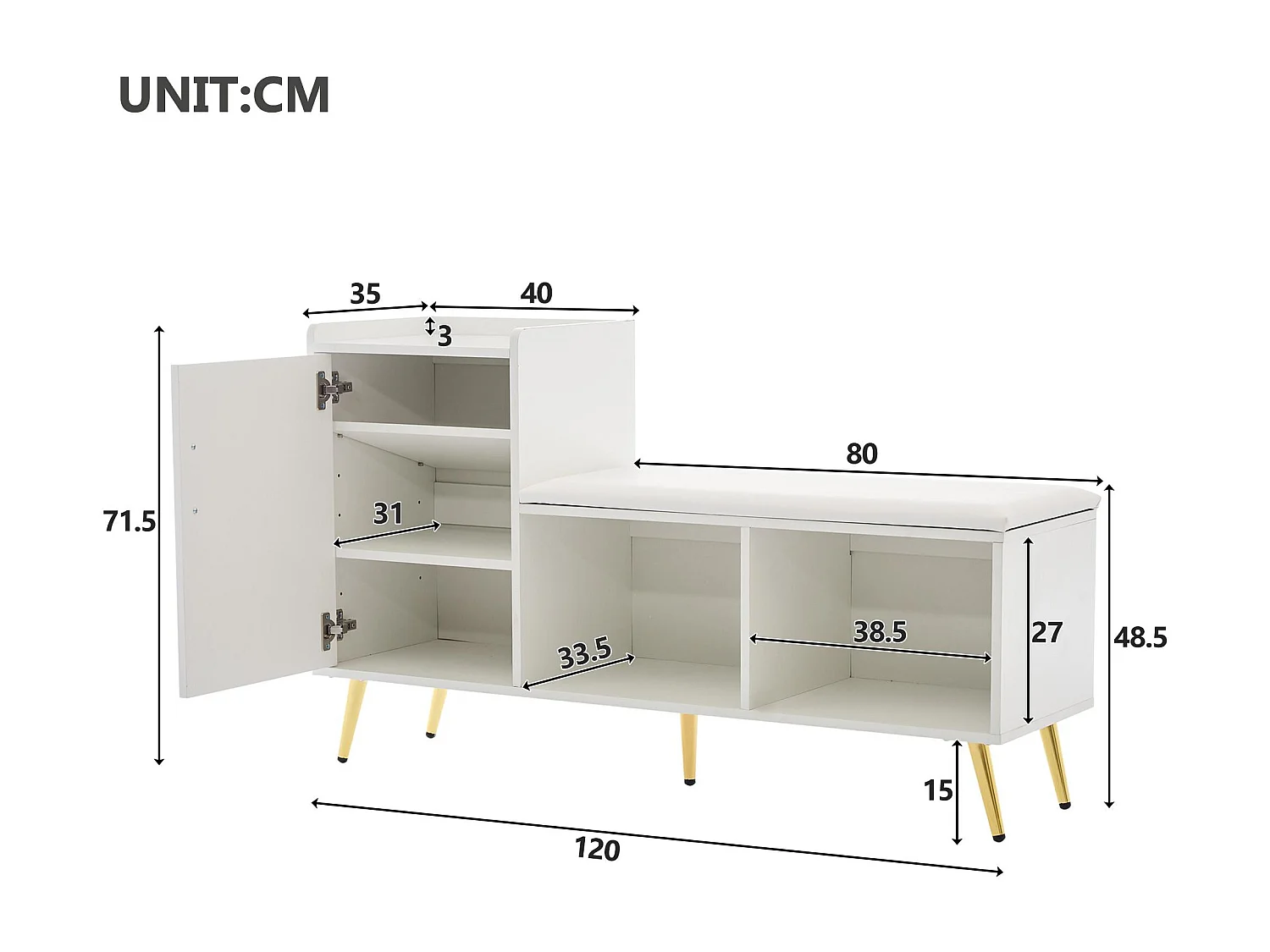 Sapateira - arrumação multinível e assento acolchoado - Branco