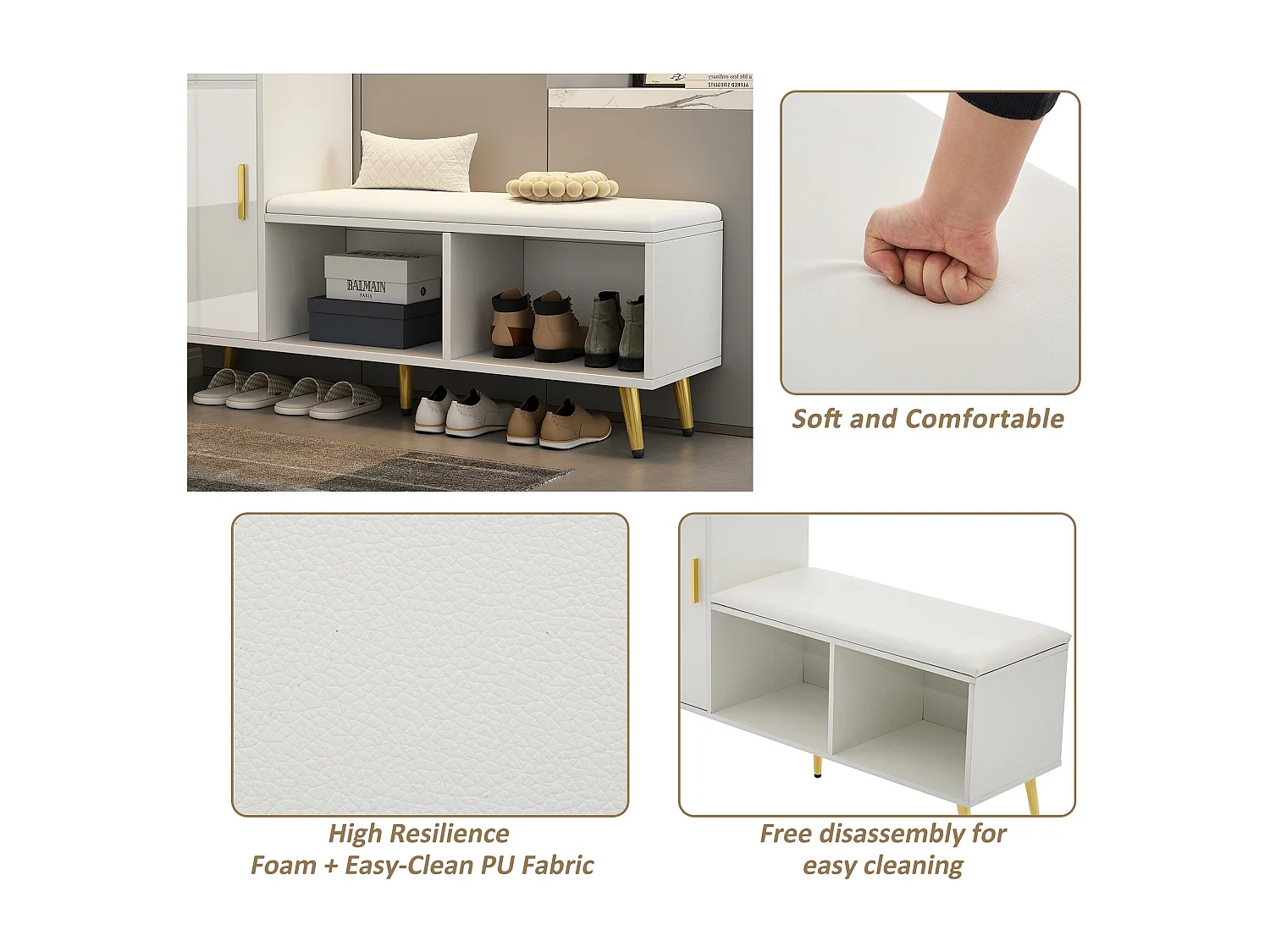 Schoenenkast - opbergruimte met meerdere niveaus en gevoerde zitting - Wit