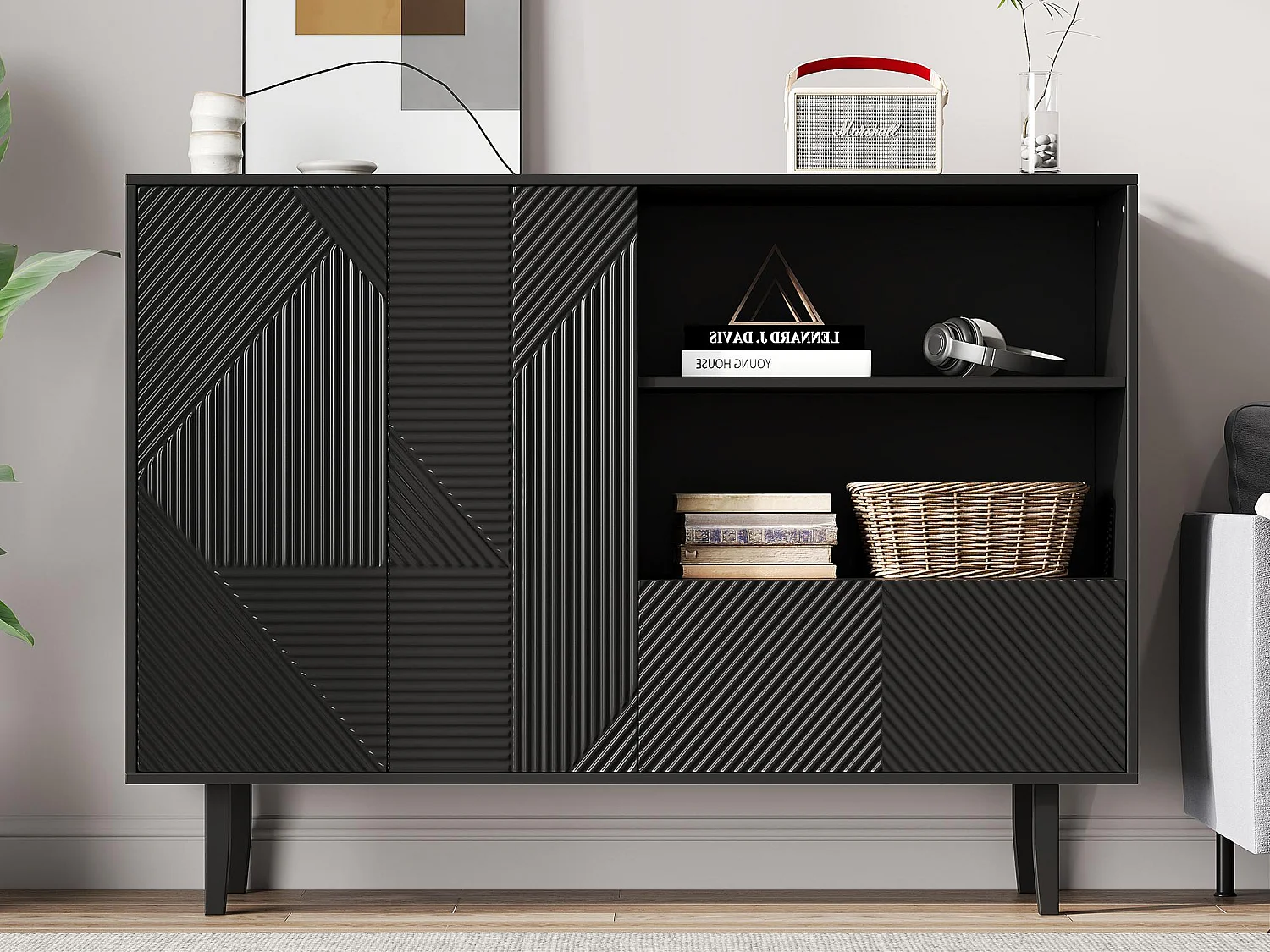 Buffet - 2 portes + 1 tiroir + 2 comprtiments ouverts - Noir