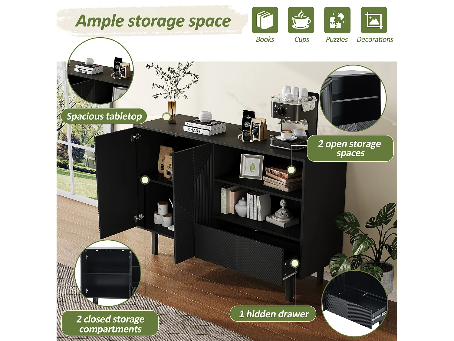 Buffet - 2 portes + 1 tiroir + 2 comprtiments ouverts - Noir