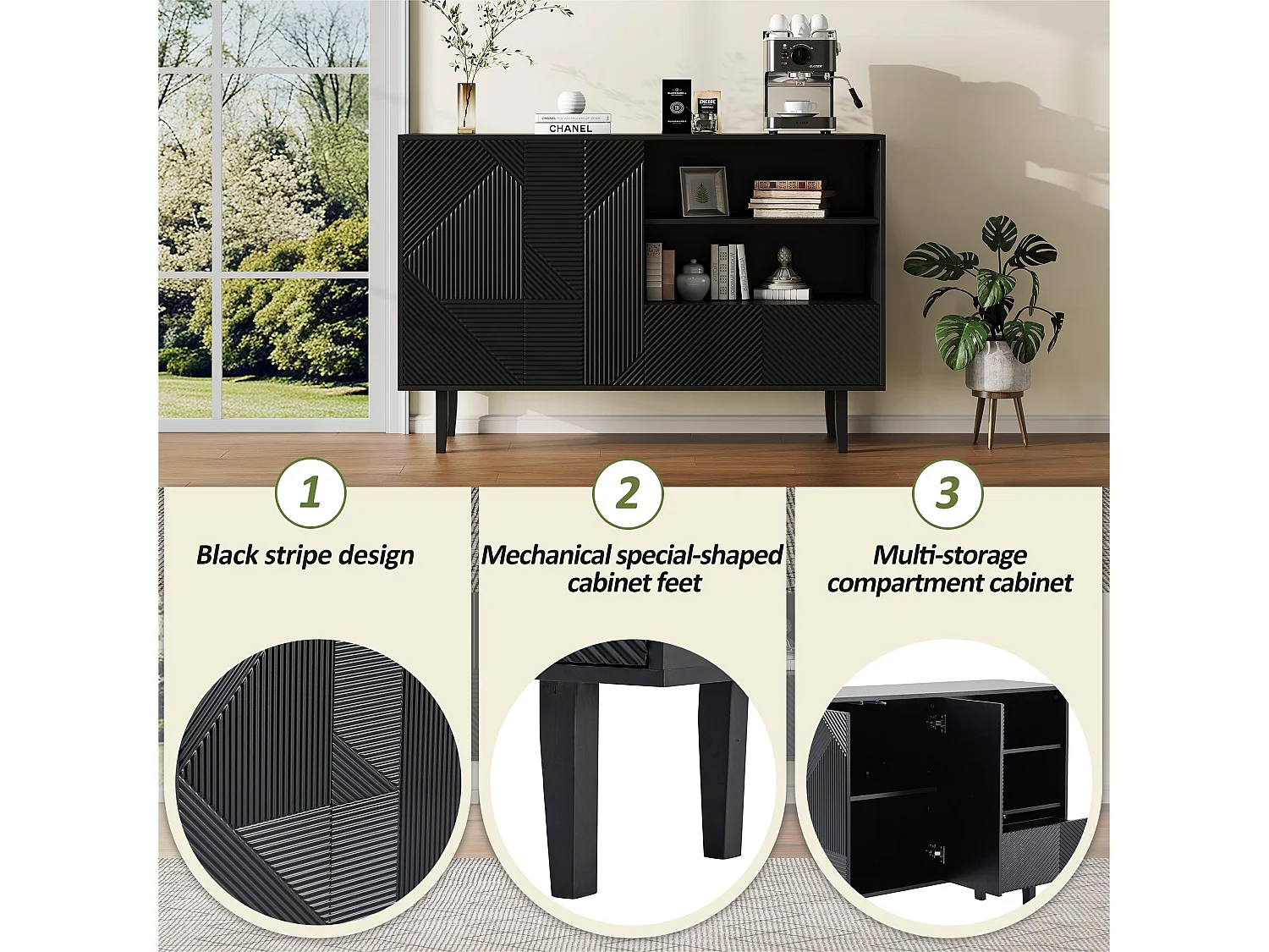 Buffet - 2 portes + 1 tiroir + 2 comprtiments ouverts - Noir