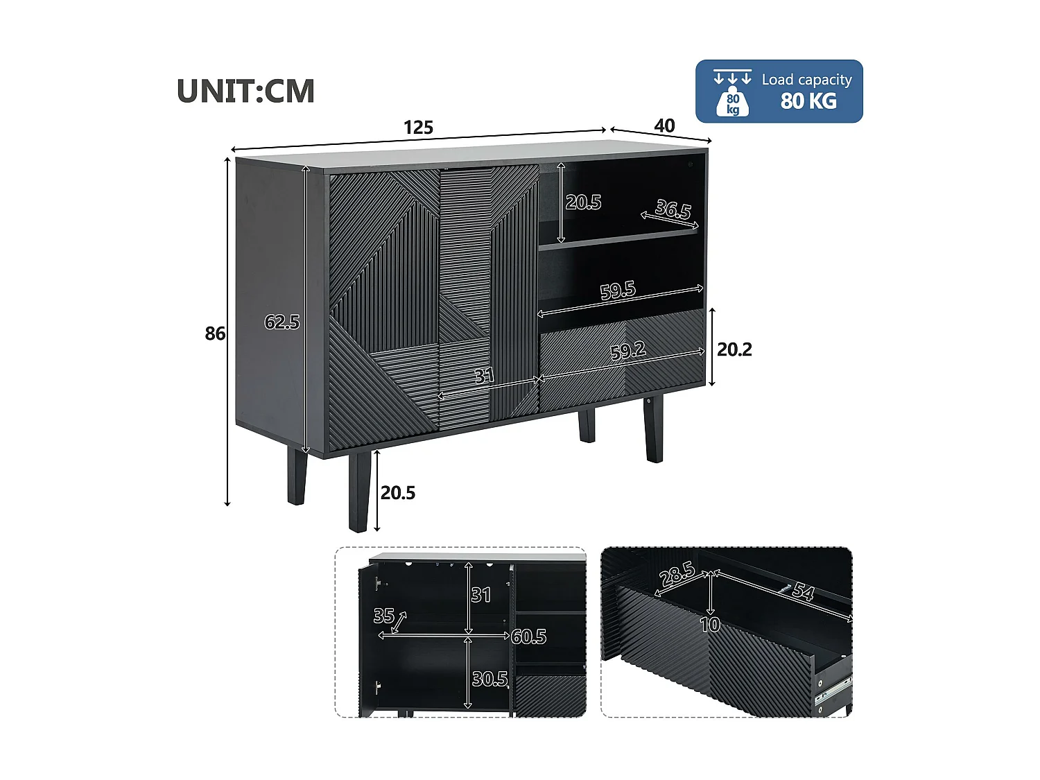 Buffet - 2 portes + 1 tiroir + 2 comprtiments ouverts - Noir