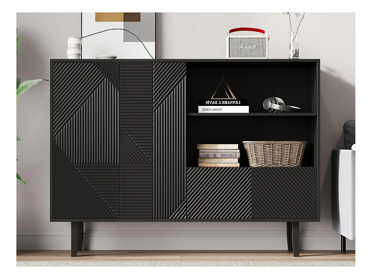 Buffet - 2 portes + 1 tiroir + 2 comprtiments ouverts - Noir