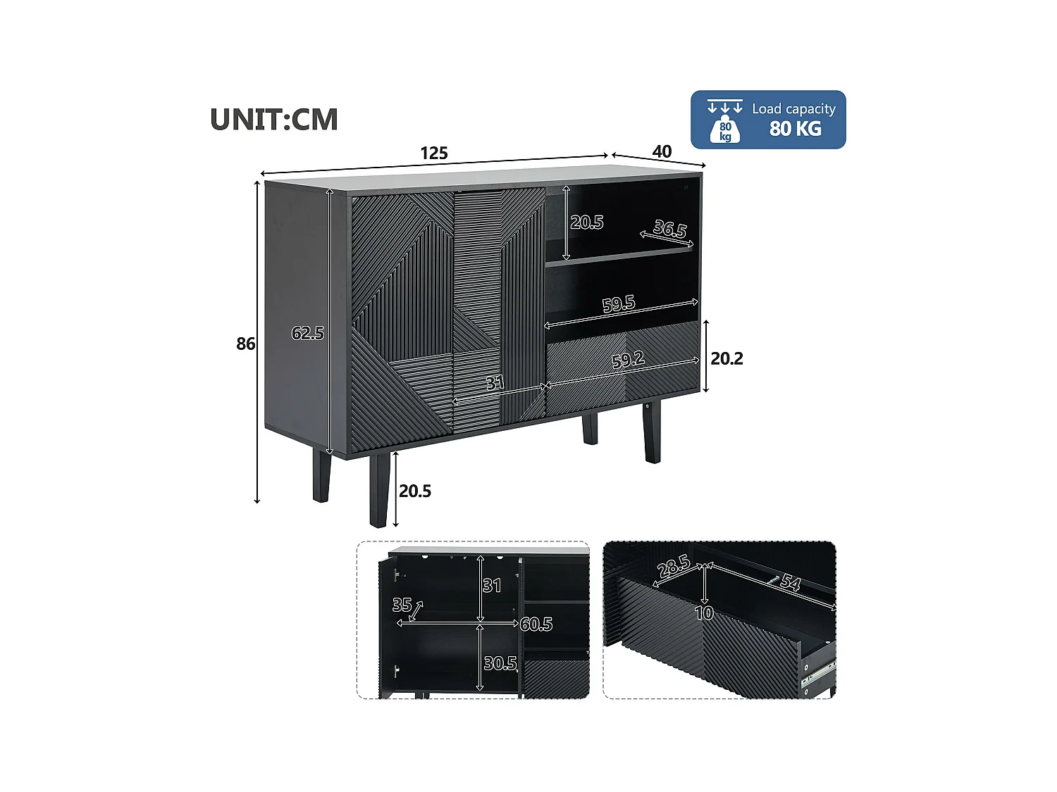 Buffet - 2 portes + 1 tiroir + 2 comprtiments ouverts - Noir