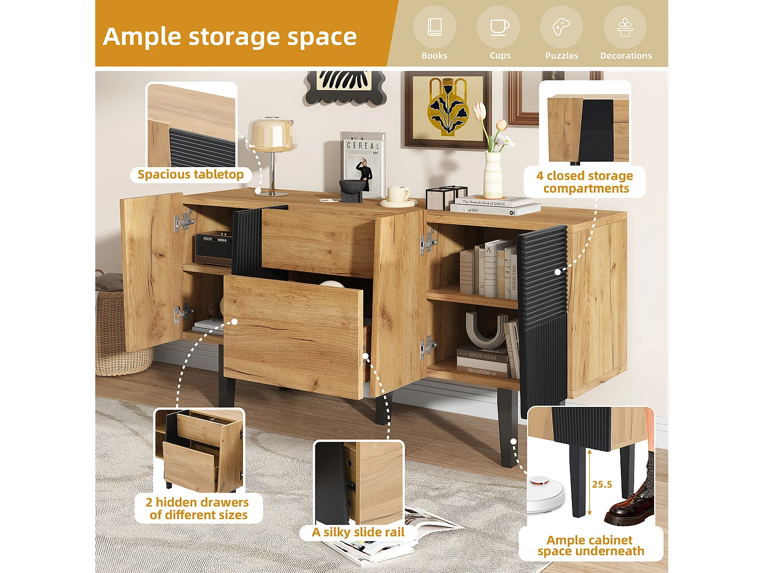 Dressoir met 4 deuren en 2 laden - Naturel & Zwart