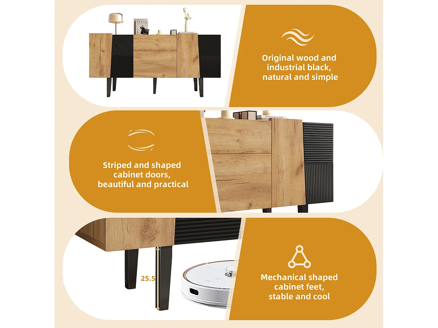 Dressoir met 4 deuren en 2 laden - Naturel & Zwart