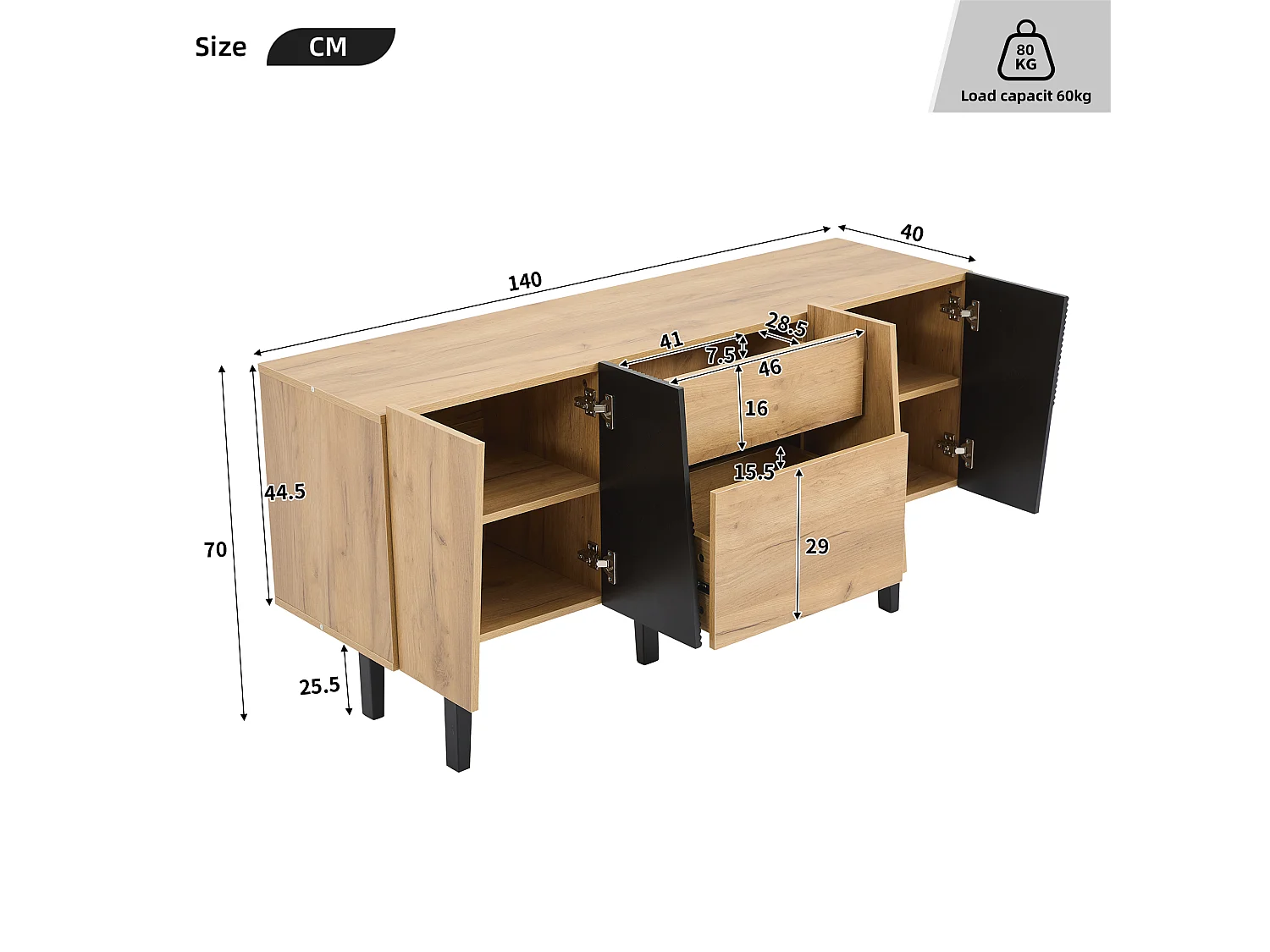 Dressoir met 4 deuren en 2 laden - Naturel & Zwart