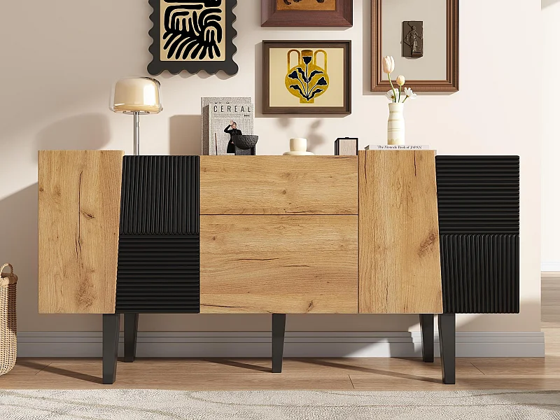 Buffet avec 4 portes et 2 tiroirs - Naturel & Noir