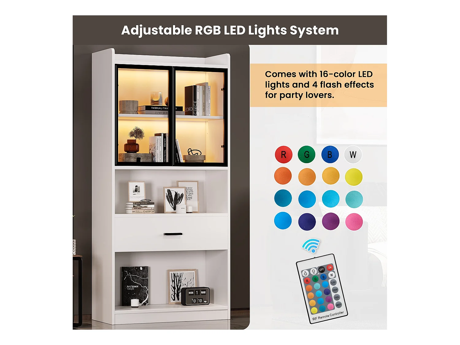 Vitrine 32x80x153,5 cm mit LED - 2 Glastüren und 1 große Schublade - Weiß