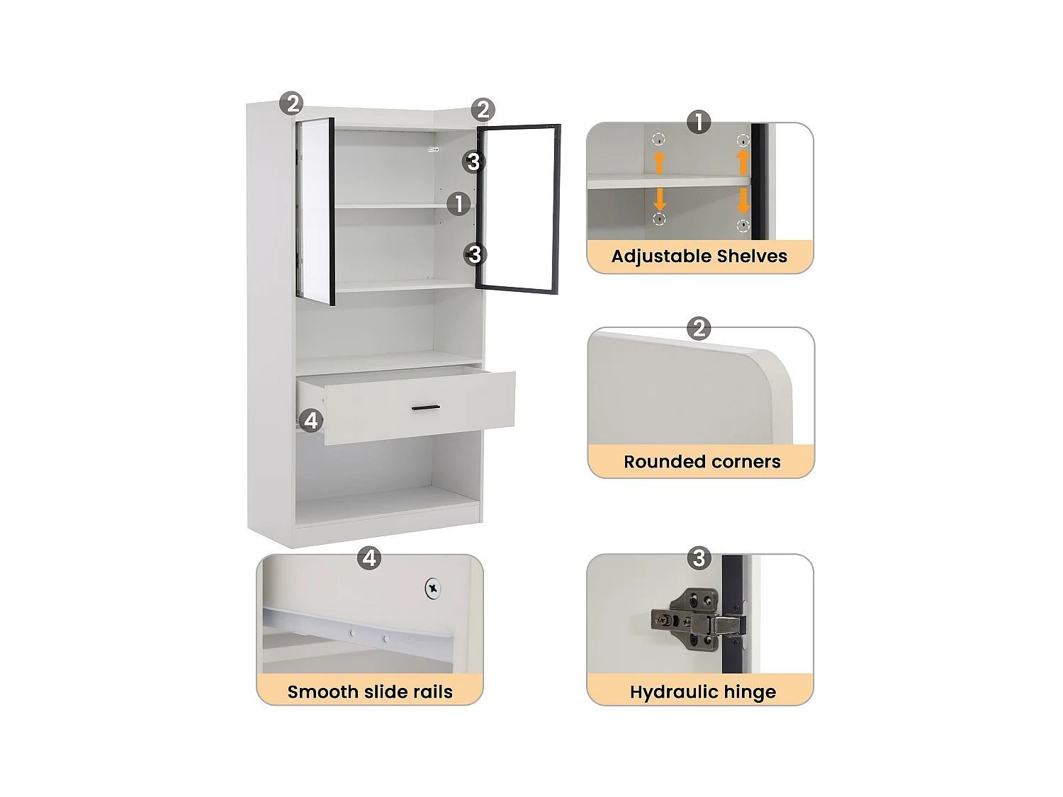 Vitrine 32x80x153,5 cm mit LED - 2 Glastüren und 1 große Schublade - Weiß