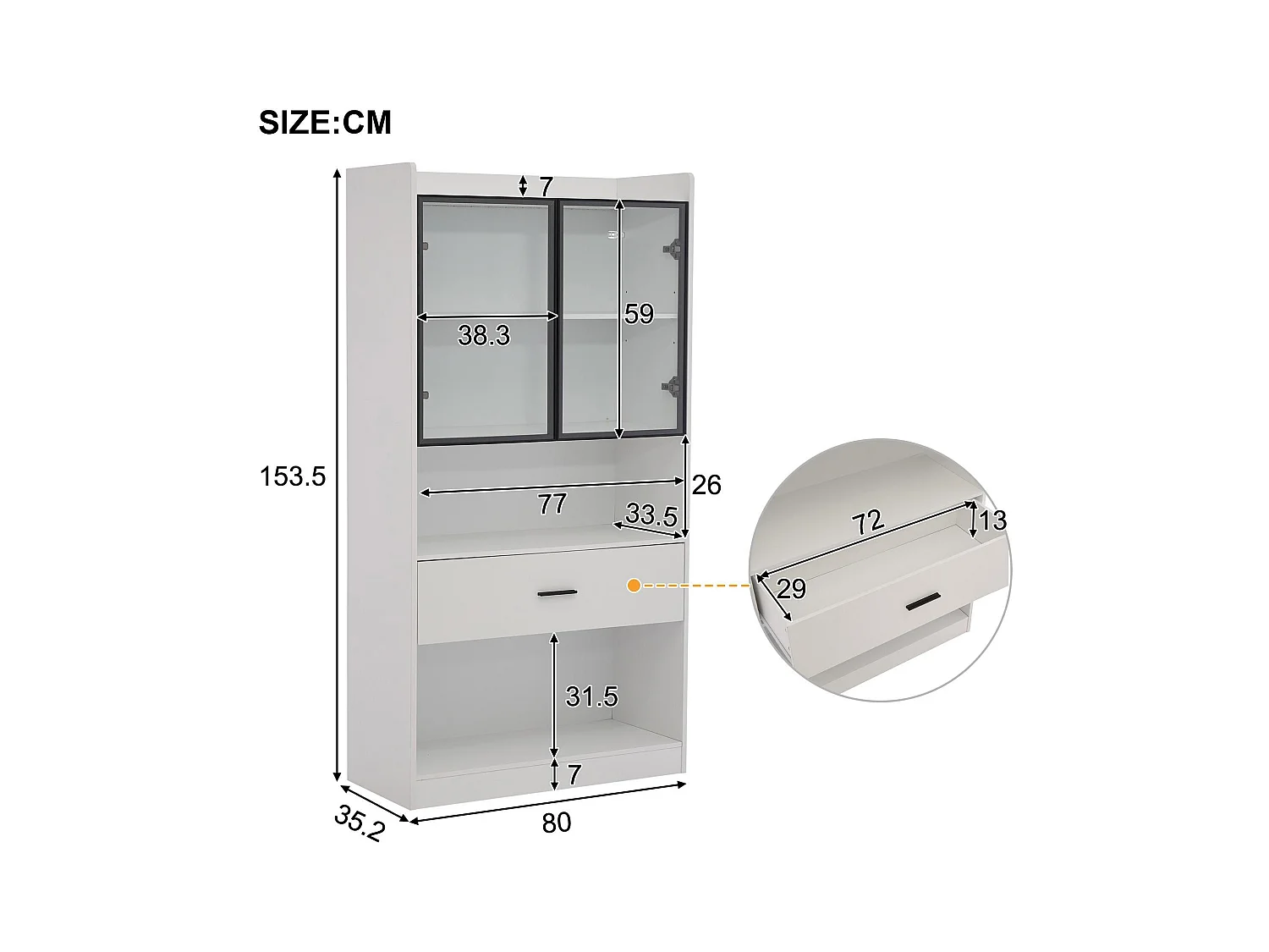Vitrine 32x80x153,5 cm mit LED - 2 Glastüren und 1 große Schublade - Weiß