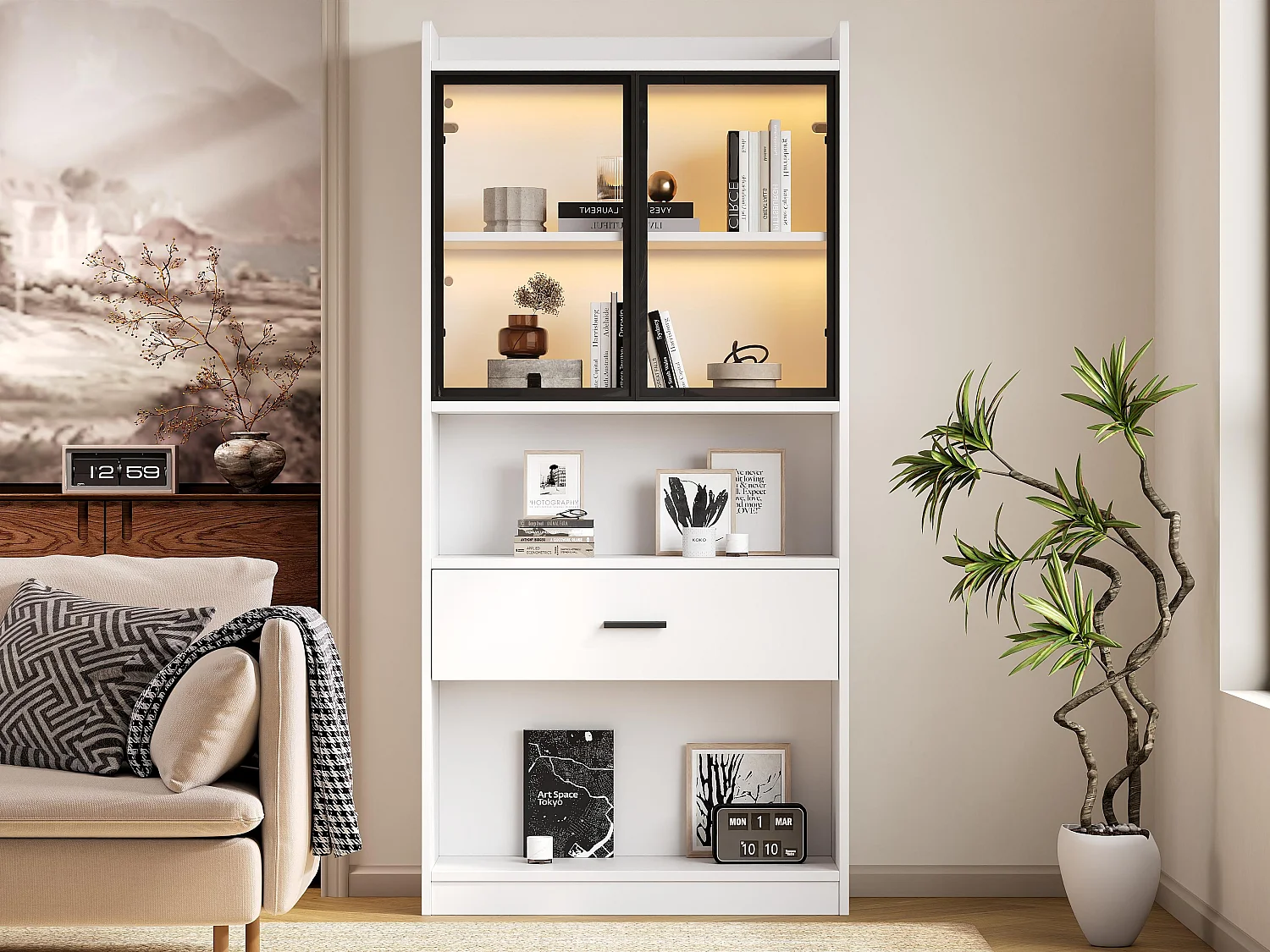 Vitrine 32x80x153.5 cm avec LED - 2 portes vitrées et 1 grand tiroir - Blanc