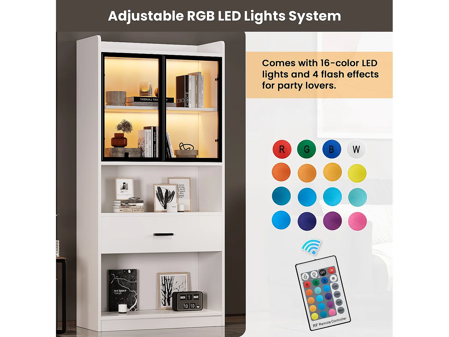 Vitrine 32x80x153.5 cm avec LED - 2 portes vitrées et 1 grand tiroir - Blanc