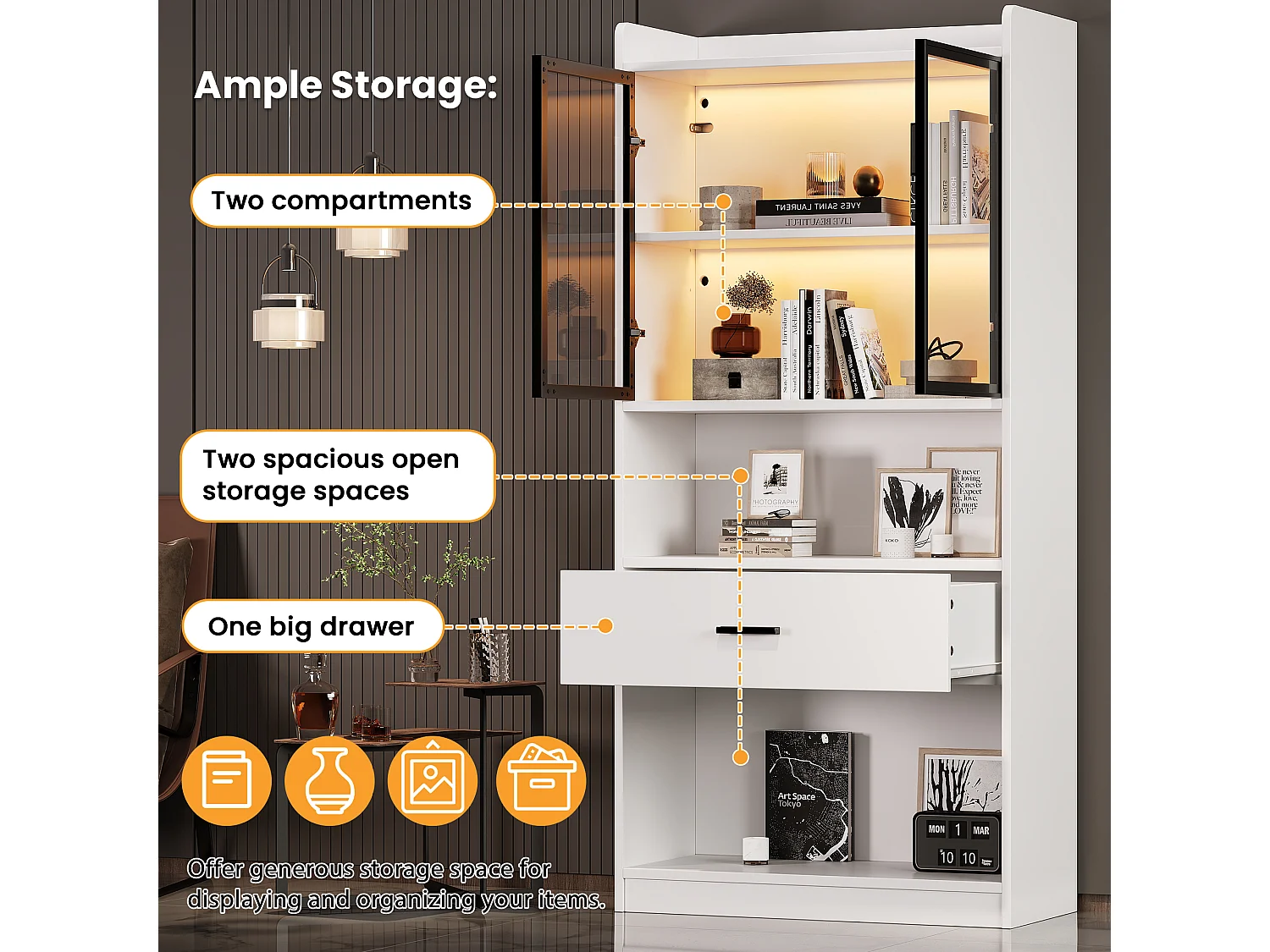 Vitrine 32x80x153.5 cm avec LED - 2 portes vitrées et 1 grand tiroir - Blanc