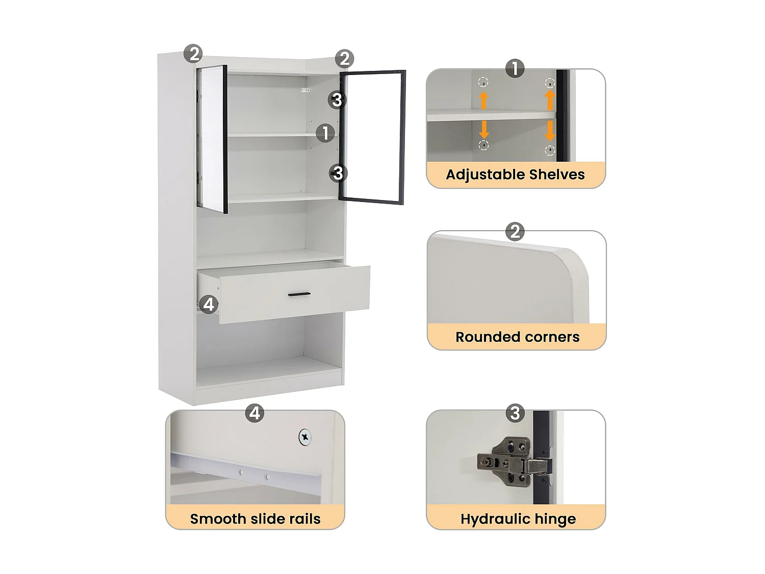 Vitrine 32x80x153.5 cm avec LED - 2 portes vitrées et 1 grand tiroir - Blanc