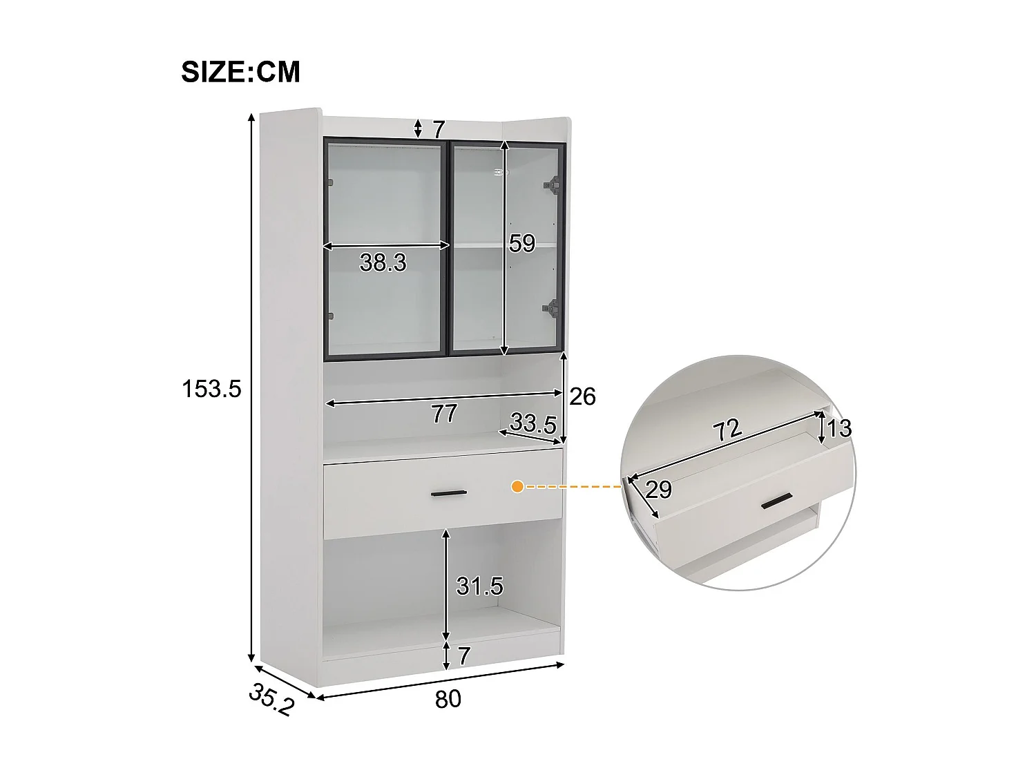 Vitrine 32x80x153.5 cm avec LED - 2 portes vitrées et 1 grand tiroir - Blanc