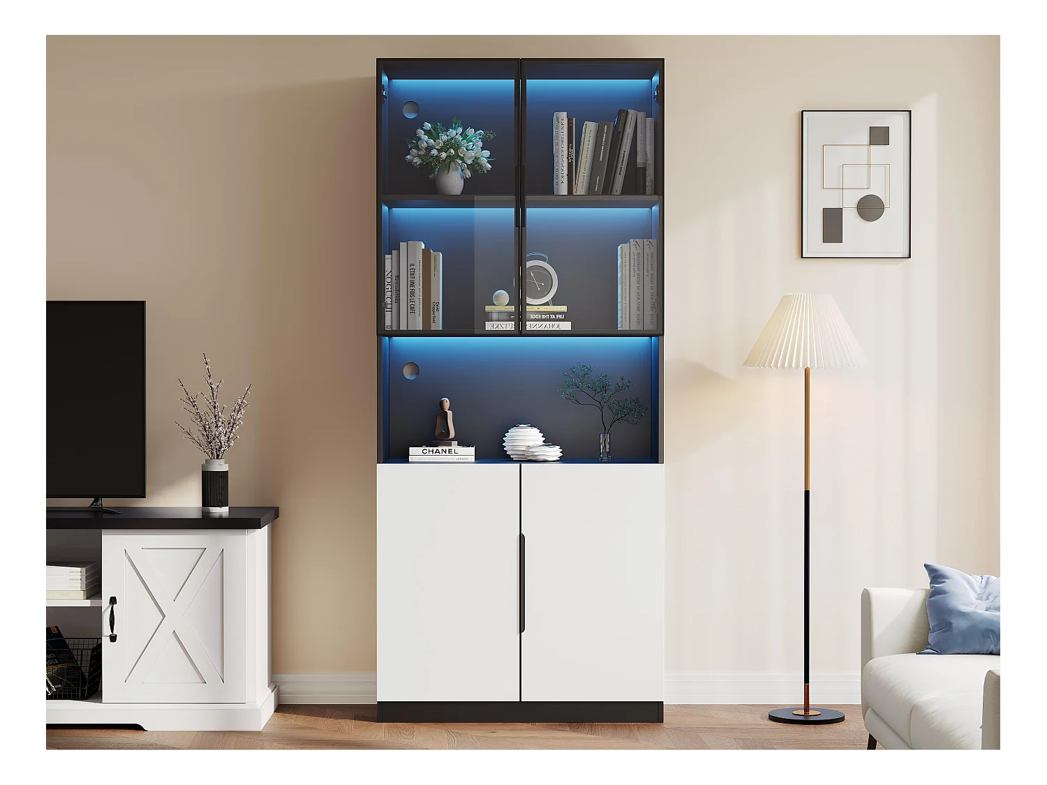 Vetrina 80x30x200 cm con LED - 4 ante (2 ante in vetro) - Bianco e Nero