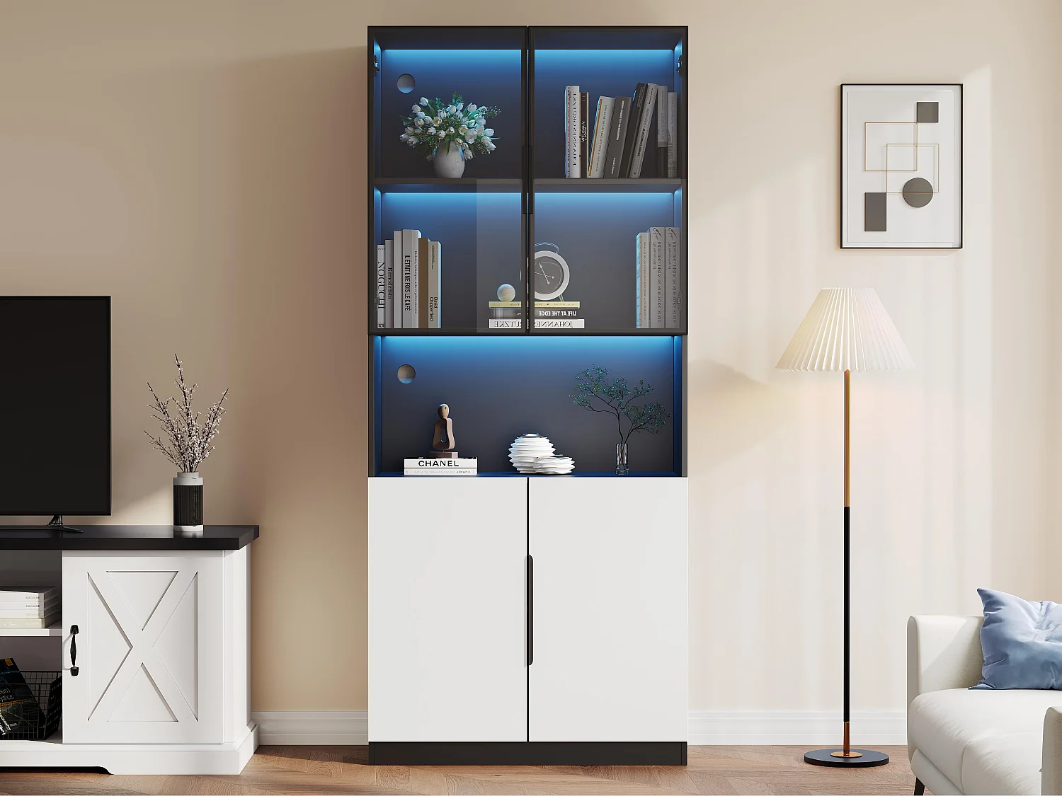 Vitrine 80x30x200 cm avec LED - 4 portes (2 portes vitrées) - Blanc & Noir