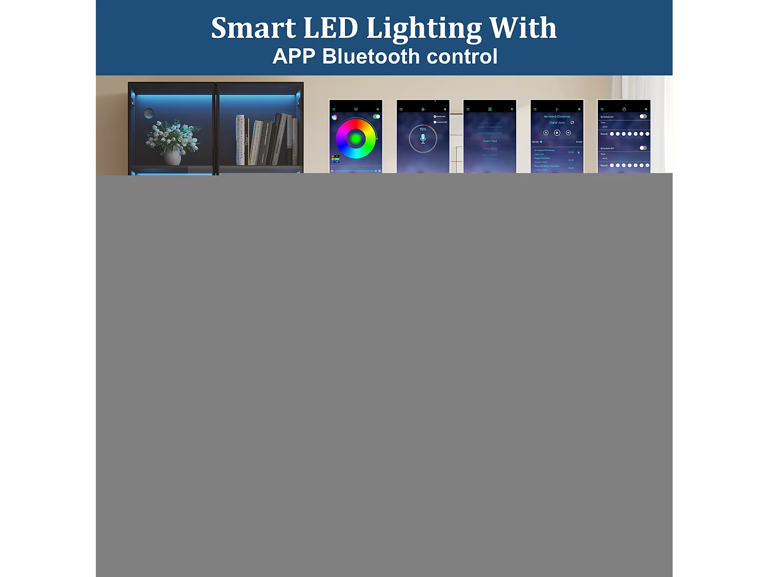 Vitrine 80x30x200 cm avec LED - 4 portes (2 portes vitrées) - Blanc & Noir