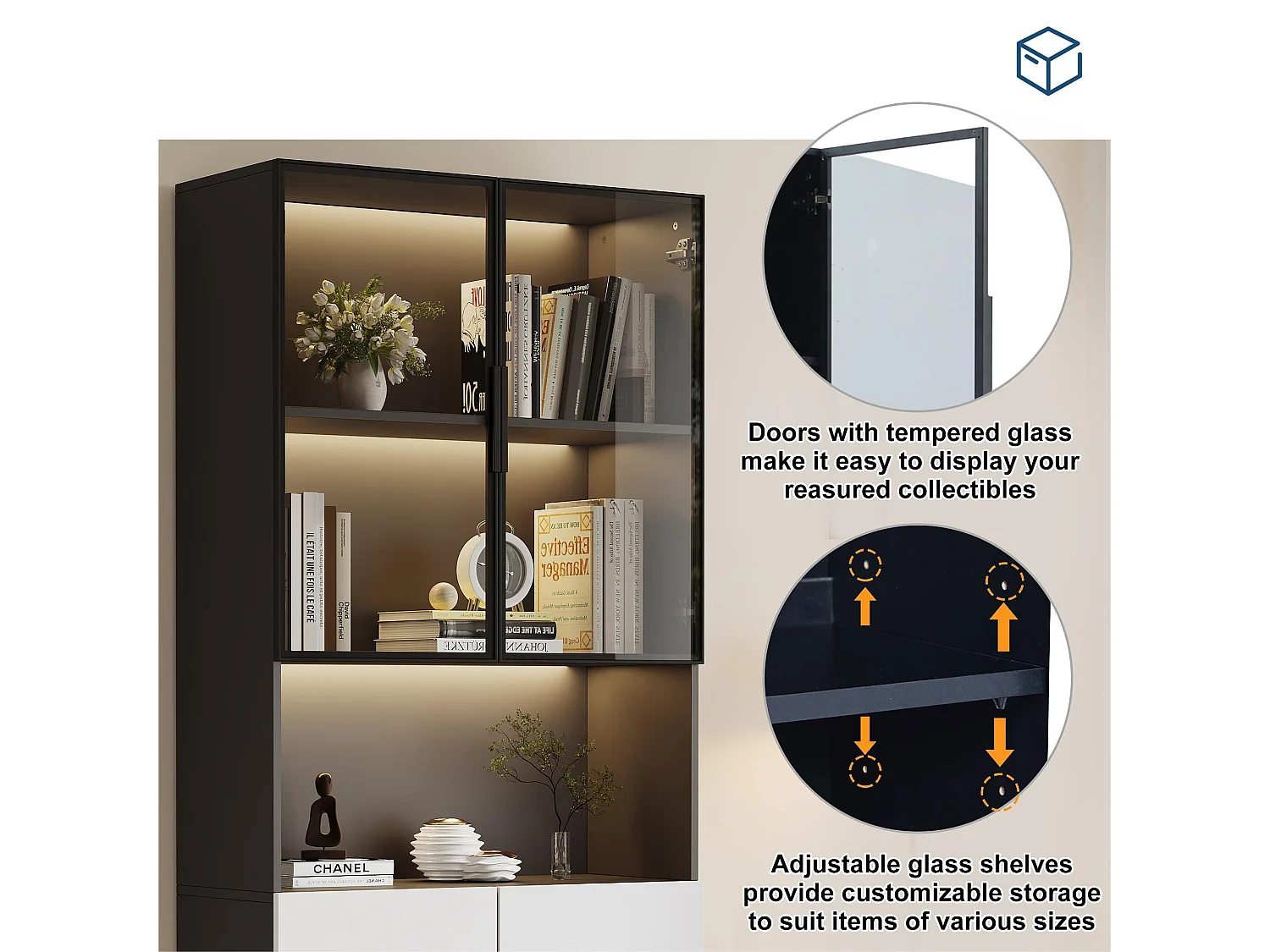 Vitrine 80x30x200 cm avec LED - 4 portes (2 portes vitrées) - Blanc & Noir