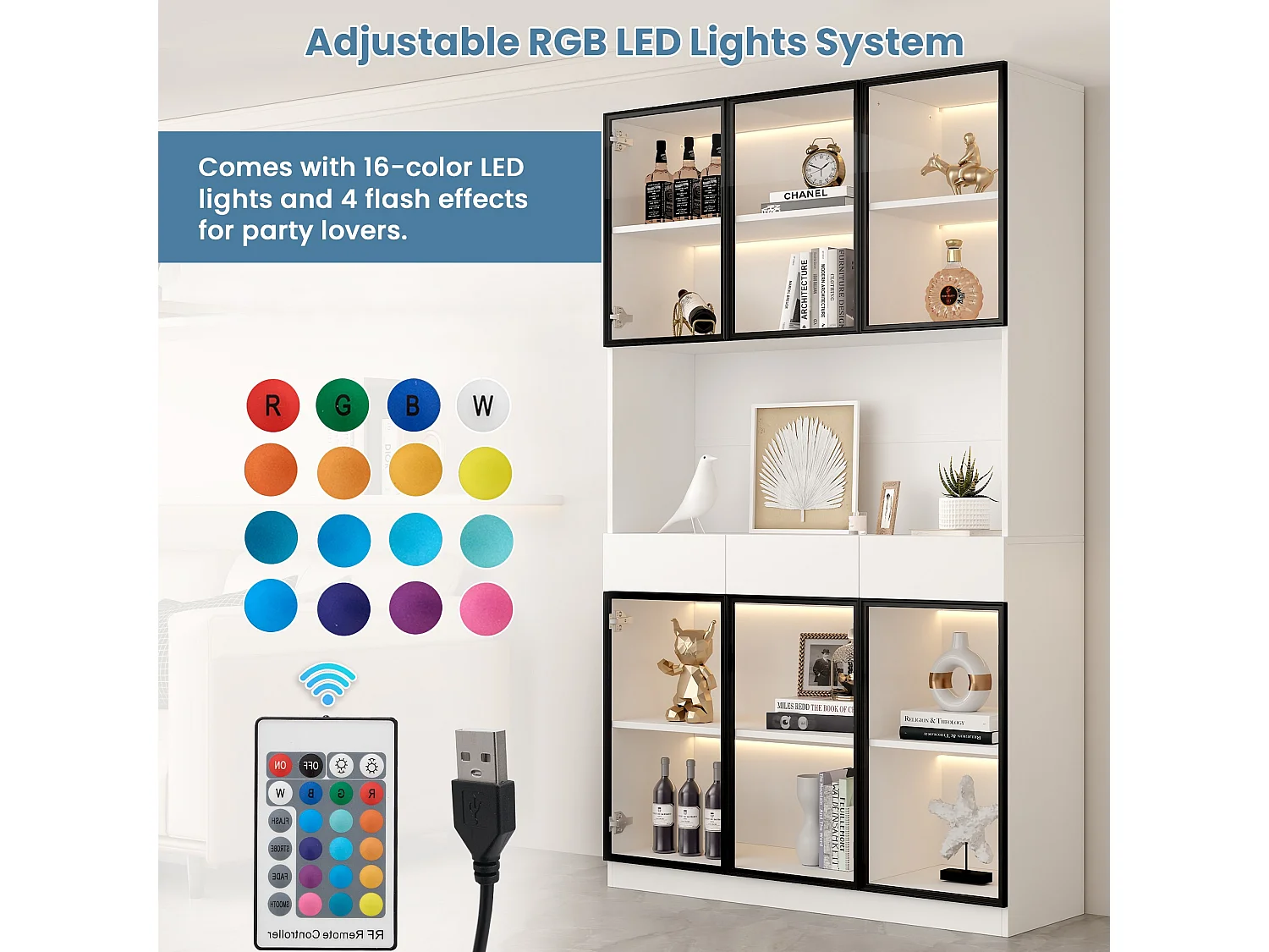 Vitrine 120x36x200 cm avec LED - 6 portes vitrées et 3 tiroirs - Blanc