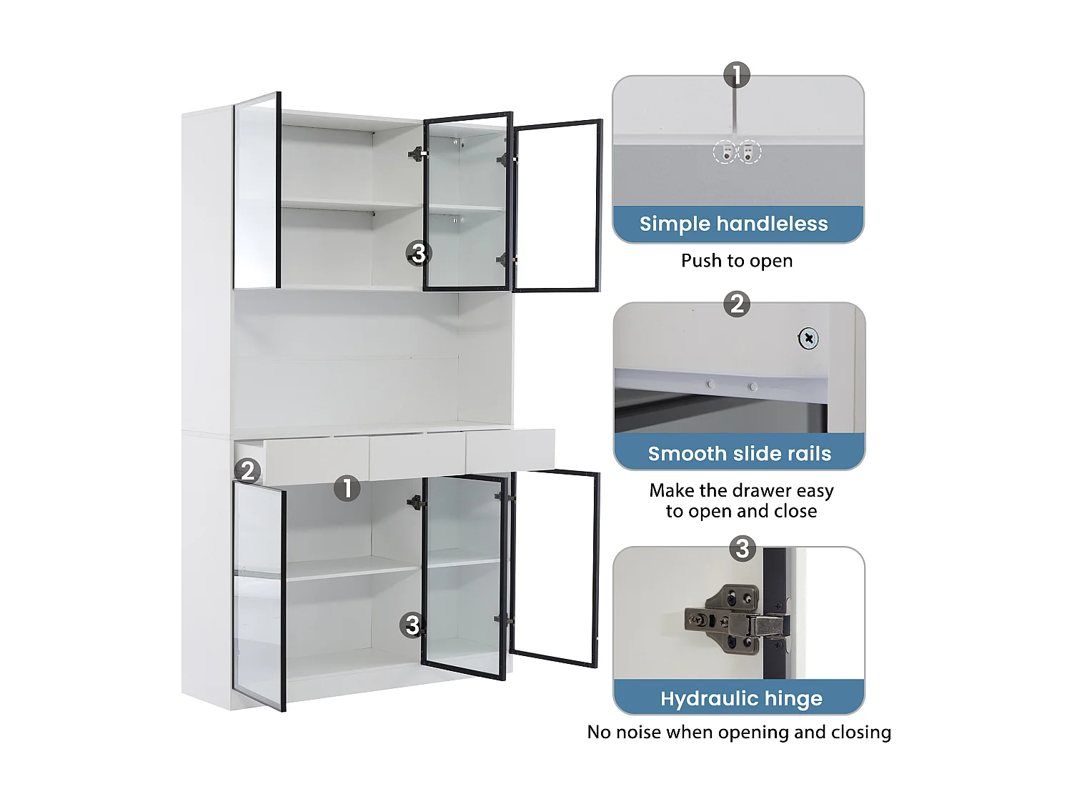 Vitrine 120x36x200 cm avec LED - 6 portes vitrées et 3 tiroirs - Blanc