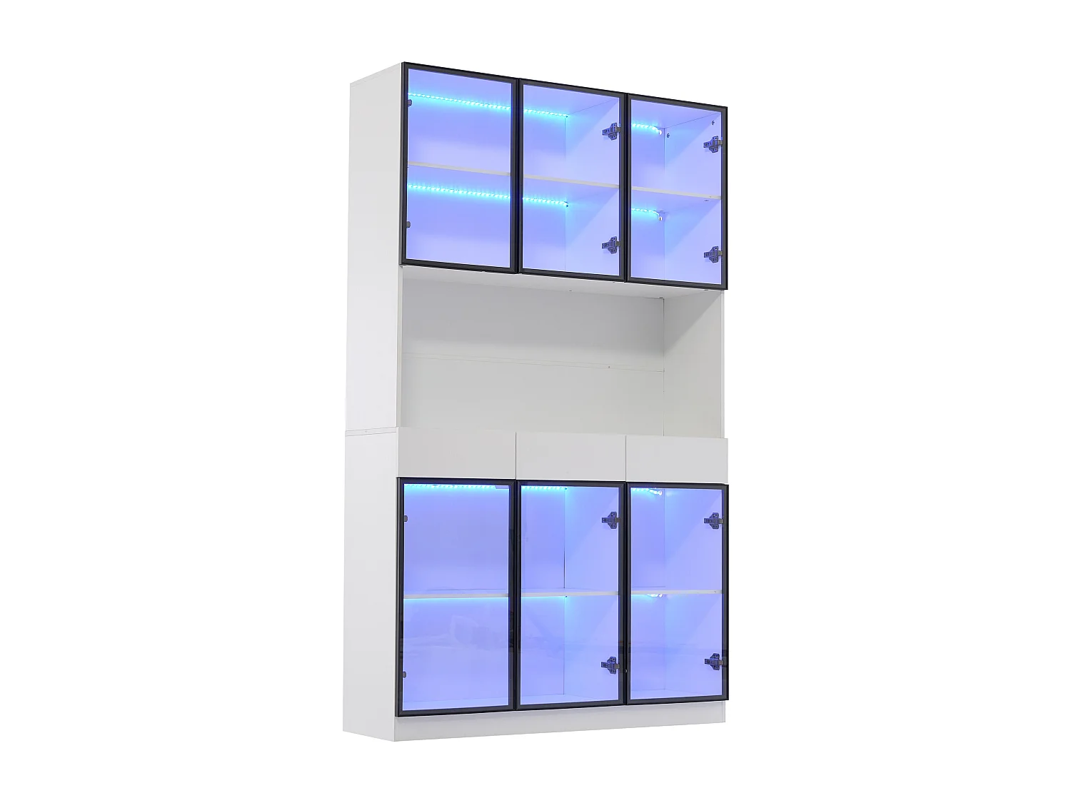 Vitrine 120x36x200 cm avec LED - 6 portes vitrées et 3 tiroirs - Blanc