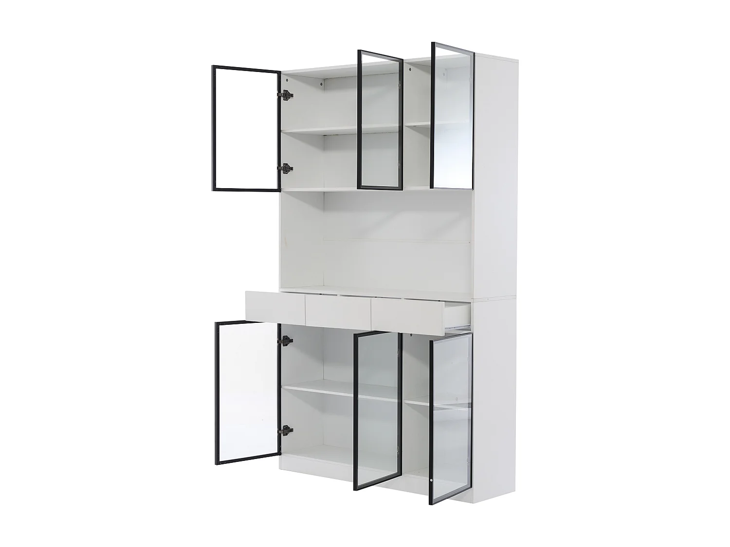 Vitrine 120x36x200 cm avec LED - 6 portes vitrées et 3 tiroirs - Blanc