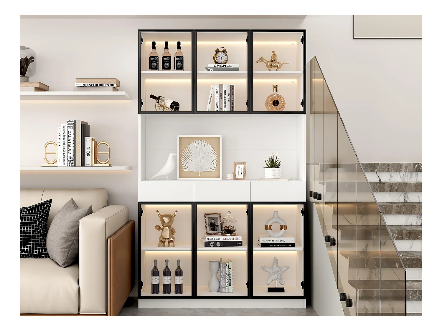 Vitrina 120x36x200 cm con LED - 6 puertas de cristal y 3 cajones - Blanco