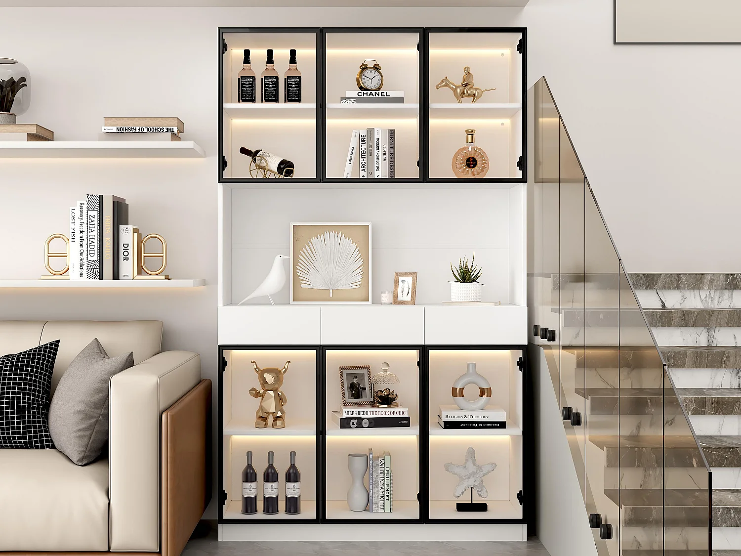 Vitrine 120x36x200 cm avec LED - 6 portes vitrées et 3 tiroirs - Blanc