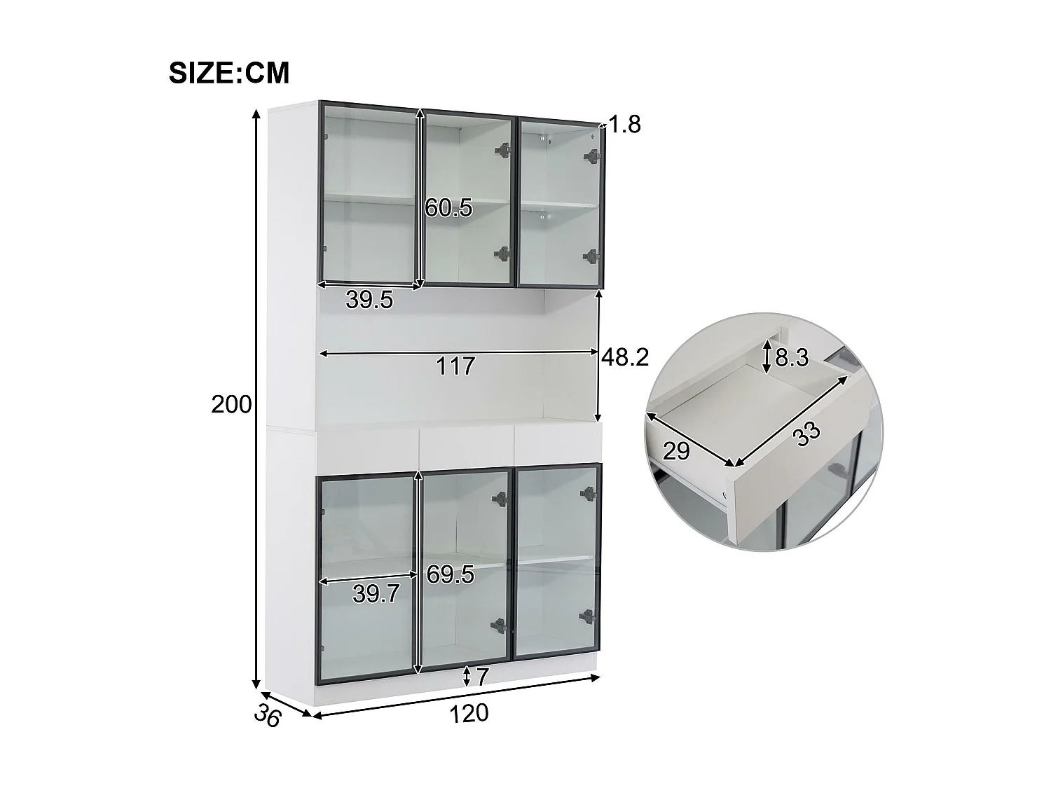 Vitrine 120x36x200 cm avec LED - 6 portes vitrées et 3 tiroirs - Blanc