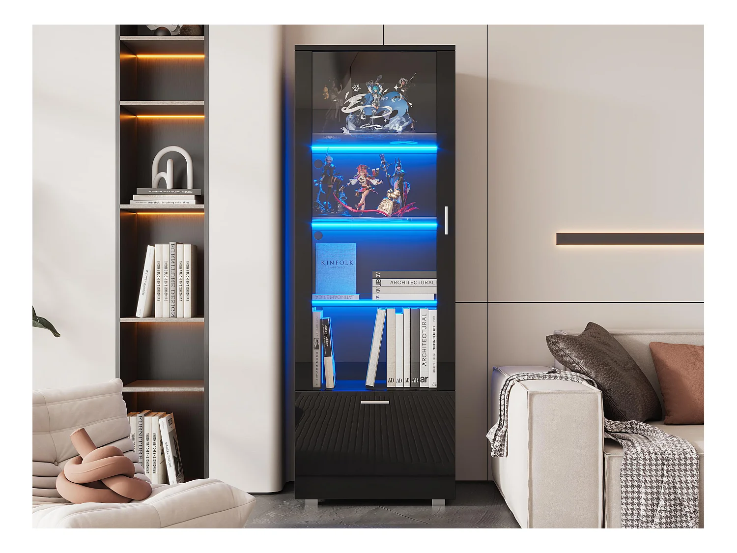 Vitrine avec LED - 3 étagères & 1 grand tiroir - Noir