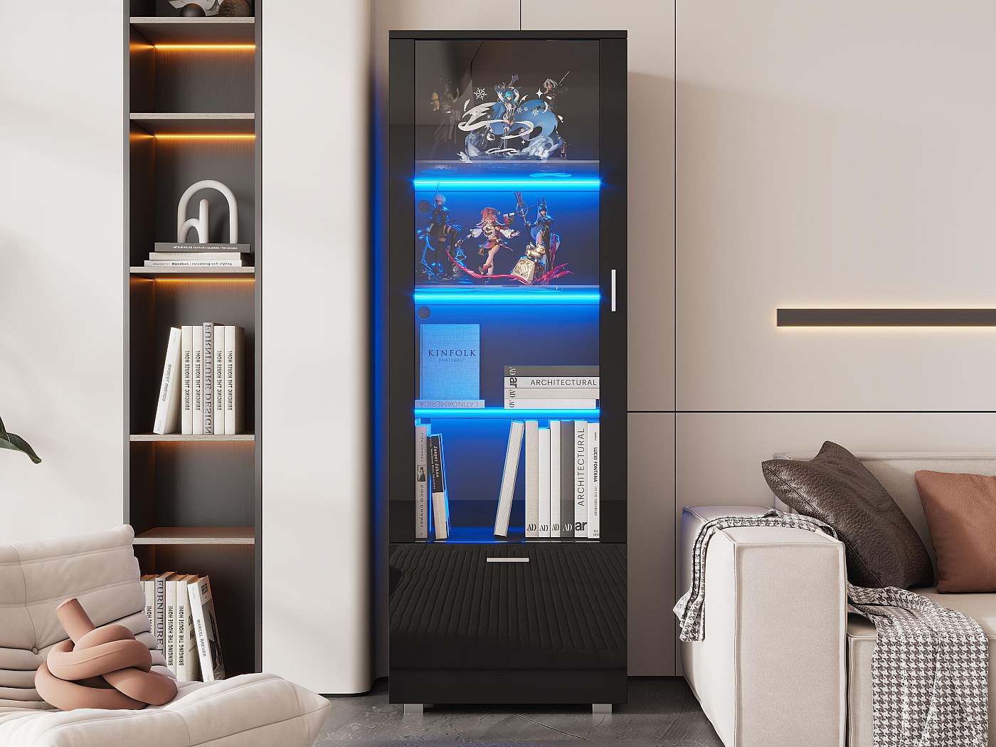 Vitrine En Verre 3 Étagères - Meuble Exposition Collection - Verre Trempé, Porte Avec Serrure, LED RGB - 164 Cm