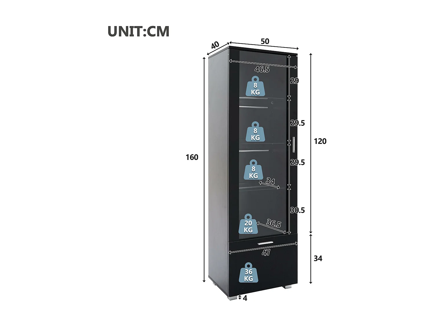 Vitrine avec LED - 3 étagères & 1 grand tiroir - Noir