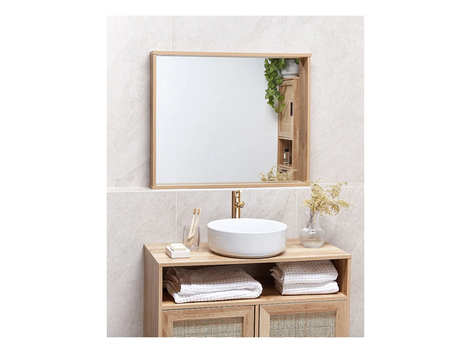 Wandspiegel ROSELL 80 cm 65 cm Bewerkt hout Lichtbruin