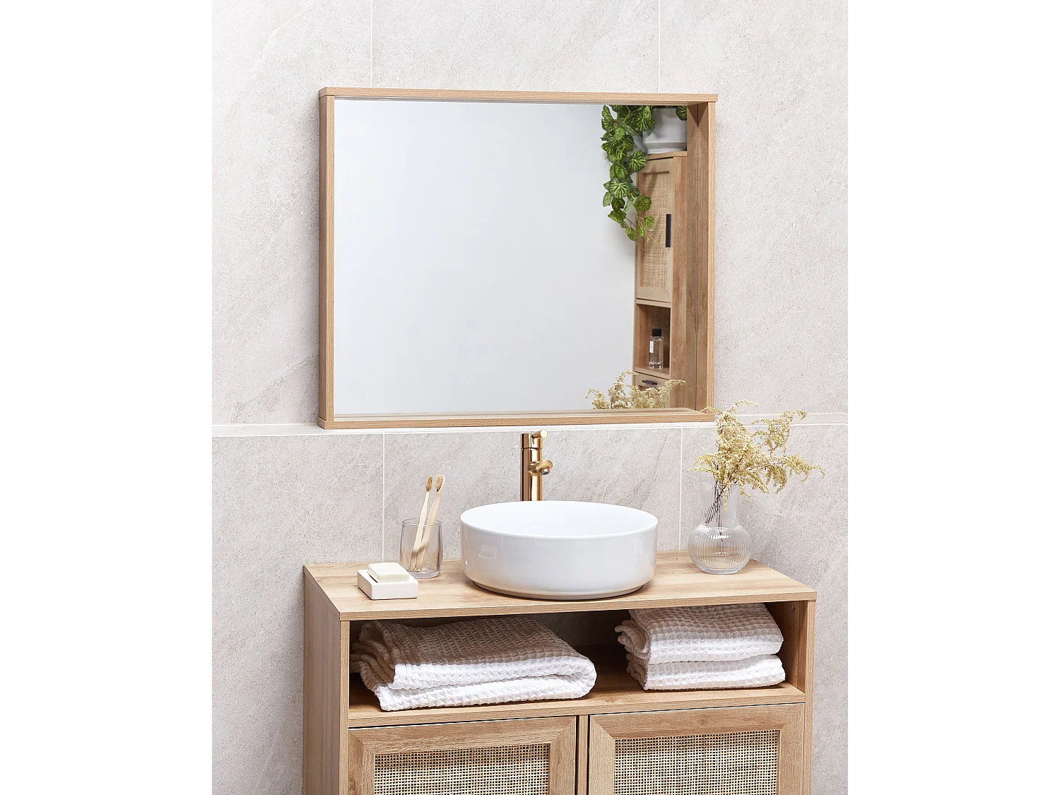 Wandspiegel ROSELL 80 cm 65 cm Bewerkt hout Lichtbruin