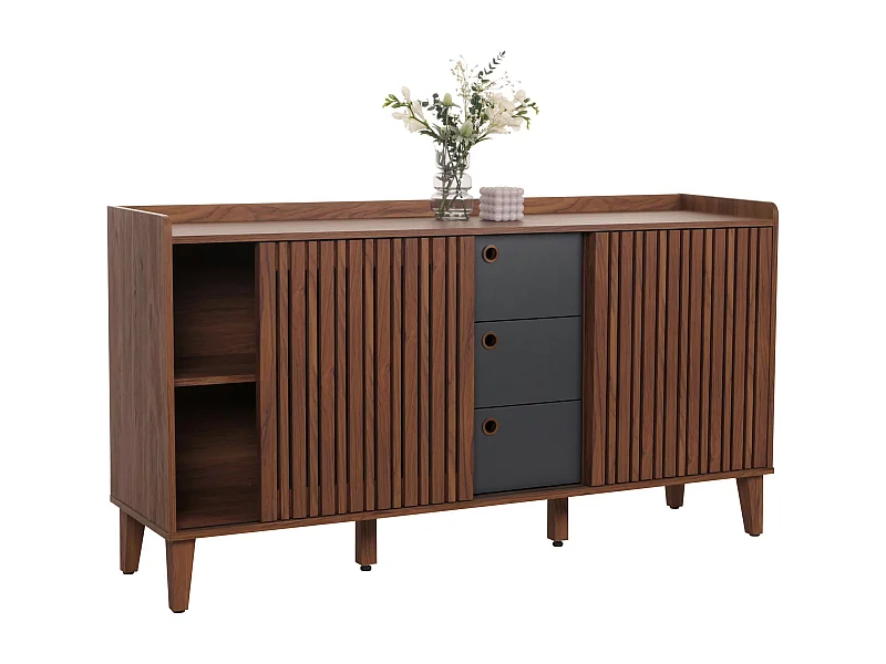 Credenza MCW-M48, cassettiera, ante scorrevoli, legno di mango MDF 81x150x40cm ~ color noce, cassetti grigio scuro
