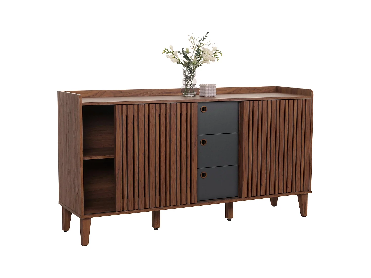 Buffet MCW-M48,  aspect noyer, tiroirs gris foncé