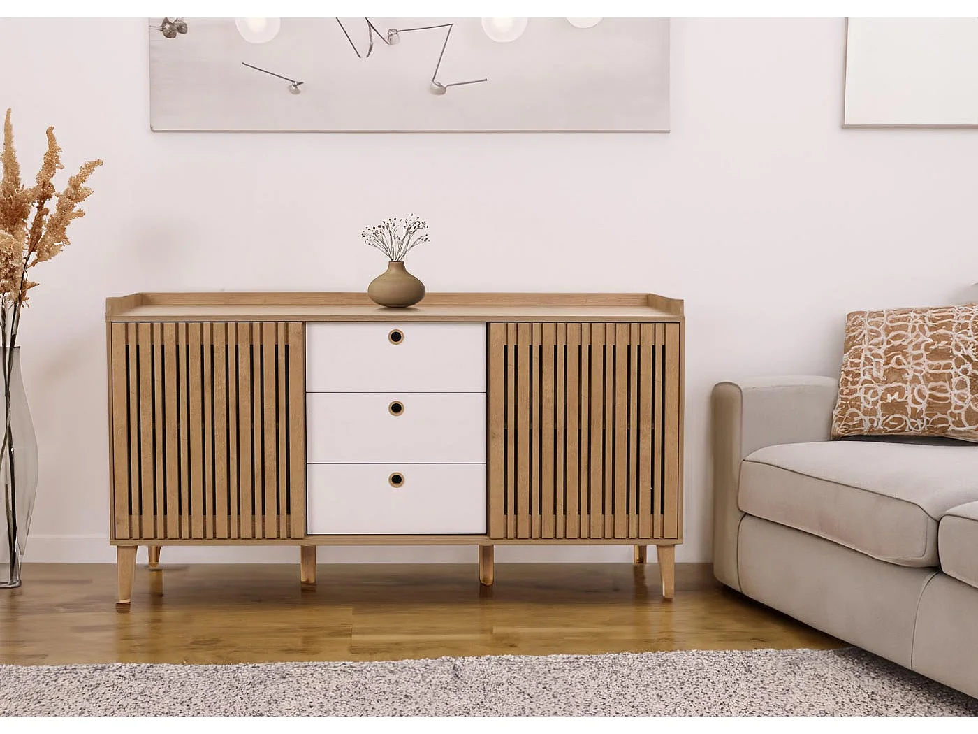 Buffet MCW-M48,  aspect noyer, tiroirs gris foncé