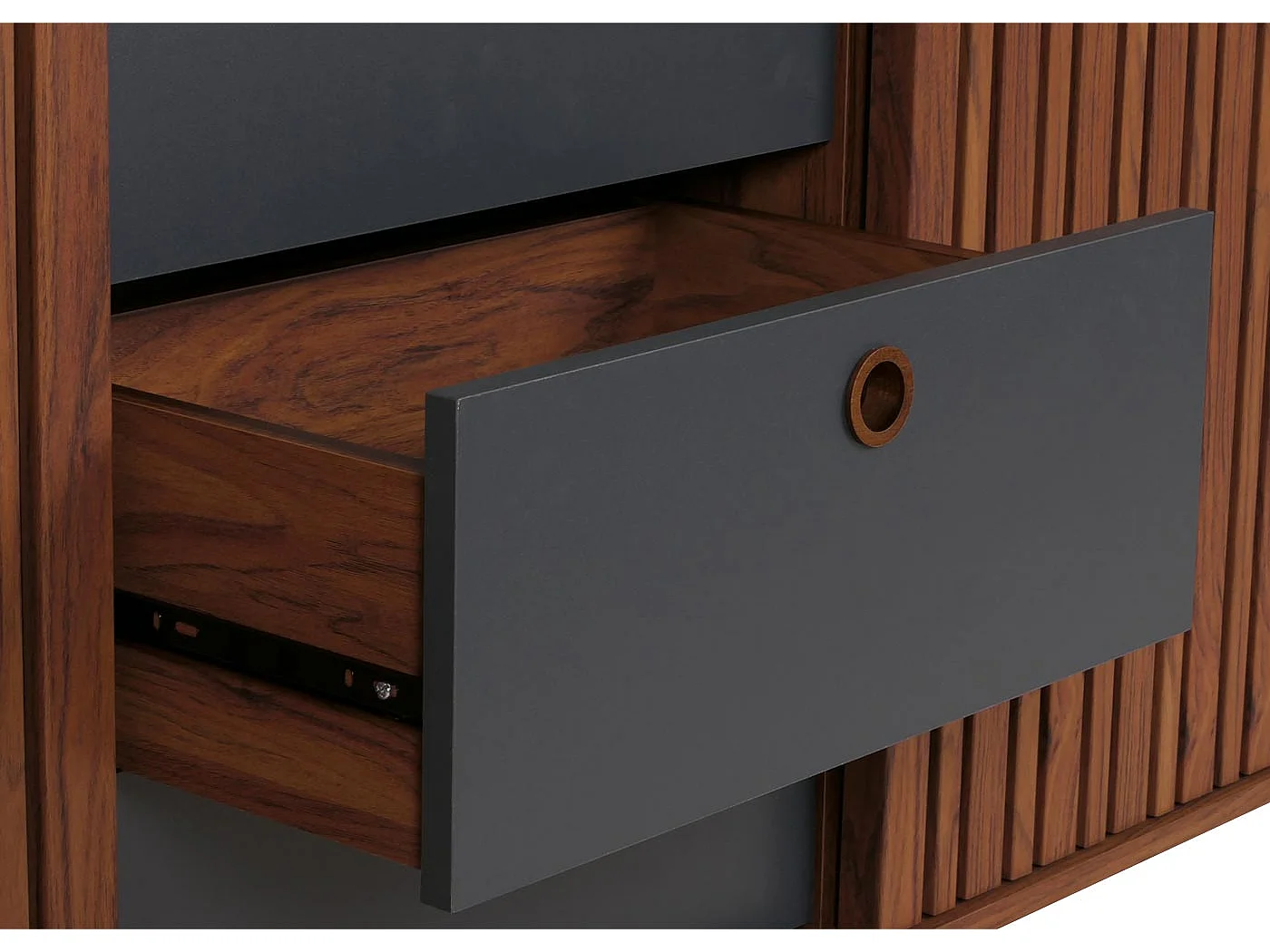 Buffet MCW-M48,  aspect noyer, tiroirs gris foncé