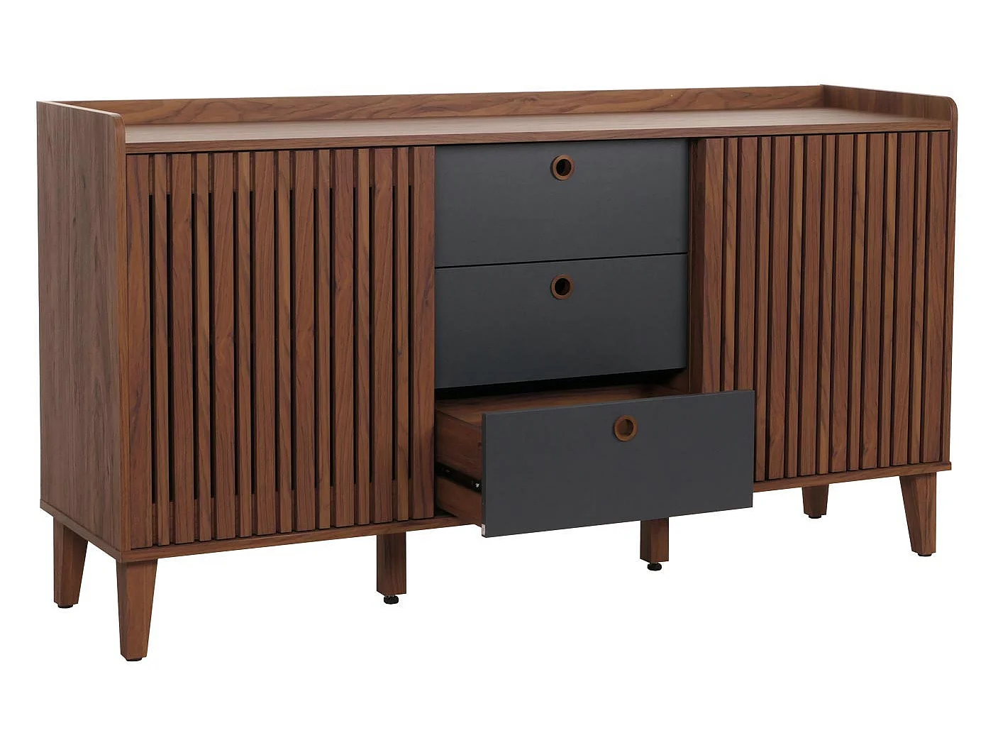 Buffet MCW-M48,  aspect noyer, tiroirs gris foncé