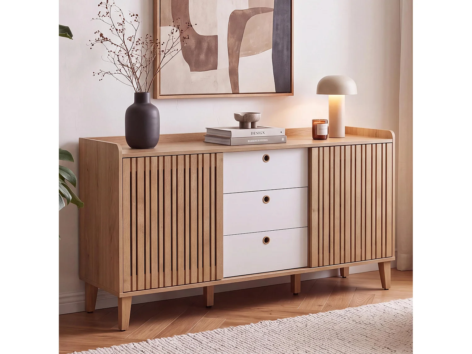 Credenza MCW-M48, cassettiera, ante scorrevoli, legno di mango MDF 81x150x40cm ~ naturale, cassetti bianchi