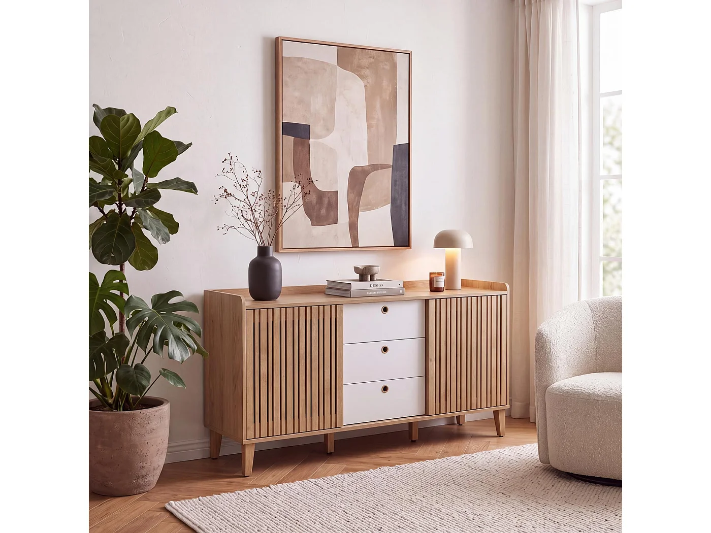 Credenza MCW-M48, cassettiera, ante scorrevoli, legno di mango MDF 81x150x40cm ~ naturale, cassetti bianchi
