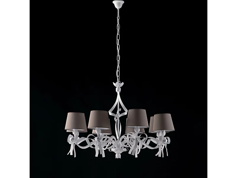 Lucy kroonluchter Ø84 cm wit ijzer, shabby stijl, grijze kapjes PVC, 8xE14 – BL184-8-BCO